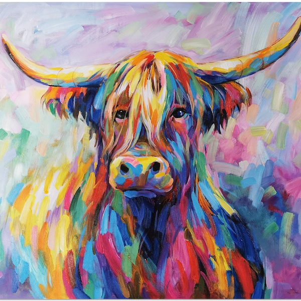 Hand Painted Modern Impressionist Colorful Cow Oil Painting On Canvas Certificate of Authenticity Included