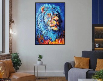 オリジナル手描きライオン油絵 – 質感のある印象派風動物キャンバス