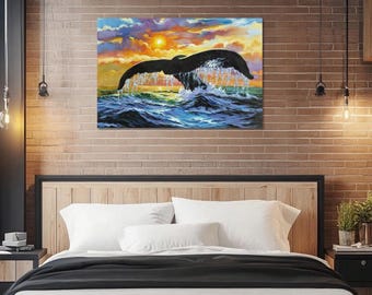 オリジナルのハンドメイドのクジラの油絵 - 夕焼けの風景、マルチ