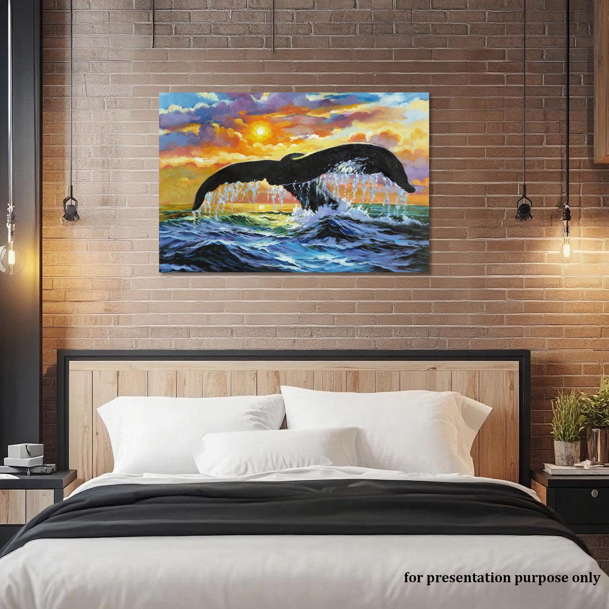 オリジナルのハンドメイドのクジラの油絵 - 夕焼けの風景、マルチ