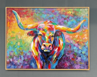 Original Hand Painted Texas Longhorn Oil Painting – Colorful Impressionist Animal Art, Texas Decor