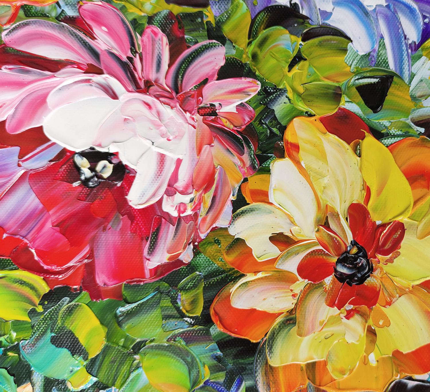 カラフルな花瓶 - ハンドメイドパレットナイフフラワー油絵キャンバス