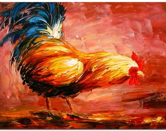 Original Hand Painted Impressioinst Rooster Painting On Canvas - Farm Animal Fine Art  Palette Knife Thick Paints Heavy Texture