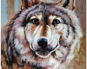 若いオオカミを描いた油絵、動物アートのオリジナル作品、ミコラ