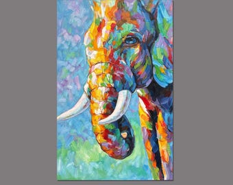 Original Handmade Elephant Painting On Canvas, Modern impressionism Colorful Wildlife Animal Home Decor, Impasto Technique, Nursery Wall Art