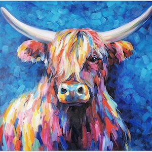 Handmade Colorful Highland Cow Painting On Canvas - Modern Impressionist Cattle Wall Art Home Decor, Scottish Highland Cow Painting