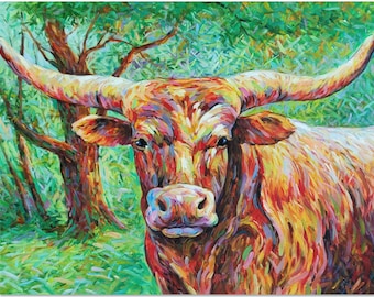 Handmade Impressionist Texas Longhorn Painting On Canvas - Original Impressionist Cattle Wall Art, Southwestern Art, Gift for Rancher