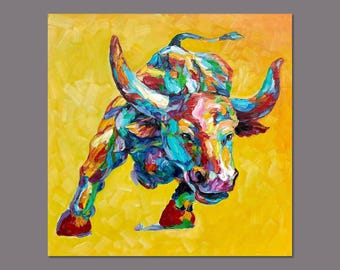 Original Handmade Colorful Bull Painting On Canvas Modern Palette Knife Art Bold Impasto Wall Art Textured Painting, Animal Home Decor