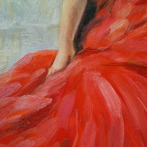May include: Oil painting of a figure in a vibrant red dress. The artwork features a close-up view of the dress's flowing fabric, with visible brushstrokes and a soft, blurred background. The figure's arm is visible, resting on the dress.