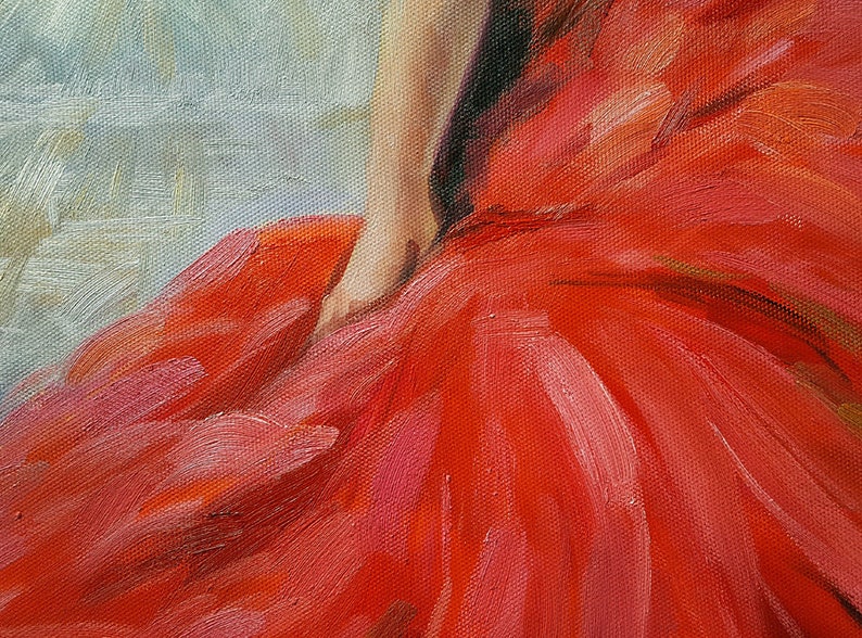 May include: Oil painting of a figure in a vibrant red dress. The artwork features a close-up view of the dress's flowing fabric, with visible brushstrokes and a soft, blurred background. The figure's arm is visible, resting on the dress.