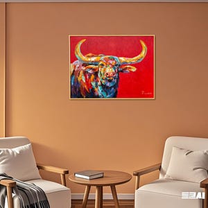 Framed Hand-Painted Longhorn Painting, Textured Palette Knife Bull, Southwest Ranch Wall Art, 36x24 inches image 10