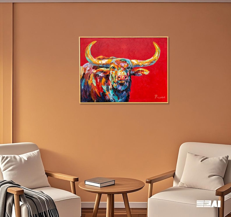 Framed Hand-Painted Longhorn Painting, Textured Palette Knife Bull, Southwest Ranch Wall Art, 36x24 inches image 10