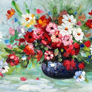 Blumenvase - handgemachte impressionistische Blumenmalerei auf Leinwand mit schwerer Textur ZERTIFIKAT INKLUSIVE