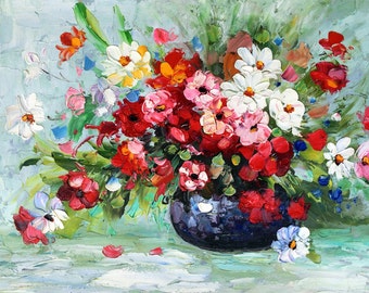 Vase of Colorful Flowers - Handmade Impressionist Flower Painting On Canvas Heavy Texture CERTIFICATE INCLUDED