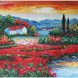 Handmade Tuscan Landscape Painting On Canvas- Palette Knife Impressionist Fine Art Thick Paints Heavy Texture