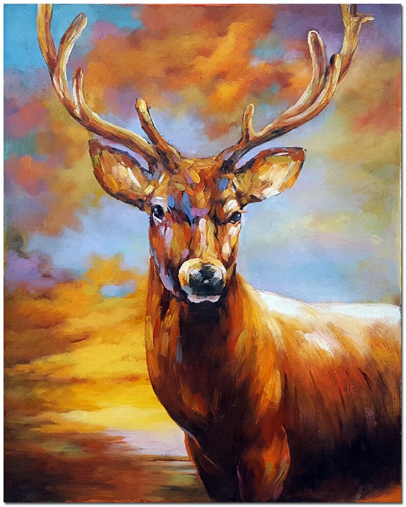 KunstLoft® Peinture à l'huile sur Toile XXL 'Oh Deer' 100x200cm | Huile sur Toile Peinte à la Main | Cerf Animal Nature Bleu Fuchsia Bleu | Art Moderne