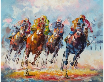 Kentucky Derby - Hand Painted Modern Impressionist Jockey Horse Racing Oil Painting On Canvas Palette Knife Art Heavy Texture