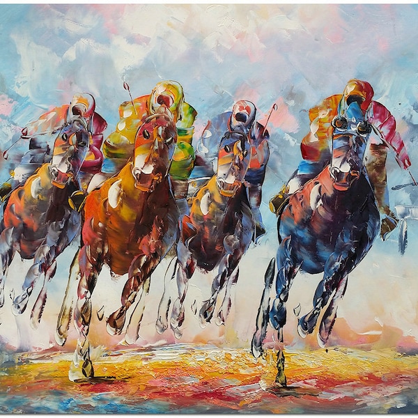 Kentucky Derby - Hand Painted Modern Impressionist Jockey Horse Racing Oil Painting On Canvas Palette Knife Art Heavy Texture
