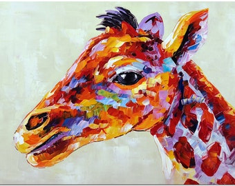 Giraffe - Handmade Palette Knife Impressionist Oil Painting On Canvas Thick Oil Heavy Texture