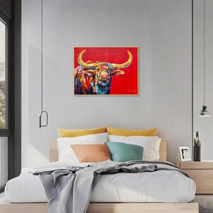 Framed Hand-Painted Longhorn Painting, Textured Palette Knife Bull, Southwest Ranch Wall Art, 36x24 inches image 7