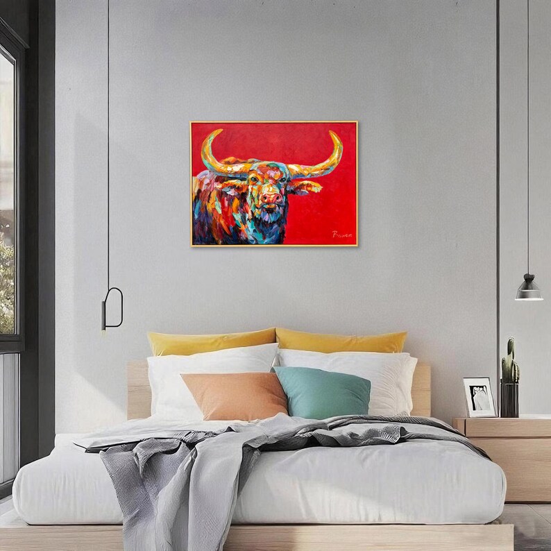 Framed Hand-Painted Longhorn Painting, Textured Palette Knife Bull, Southwest Ranch Wall Art, 36x24 inches image 7