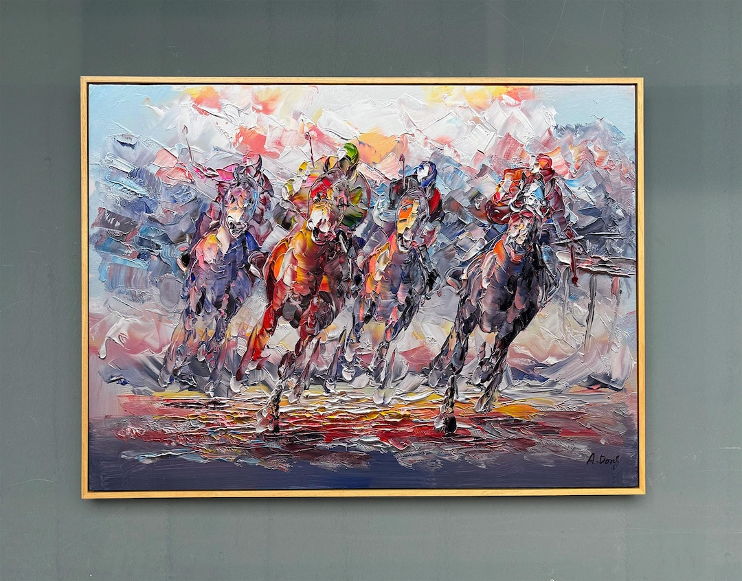 Framed Hand-painted Horse Racing Painting, Palette Knife
