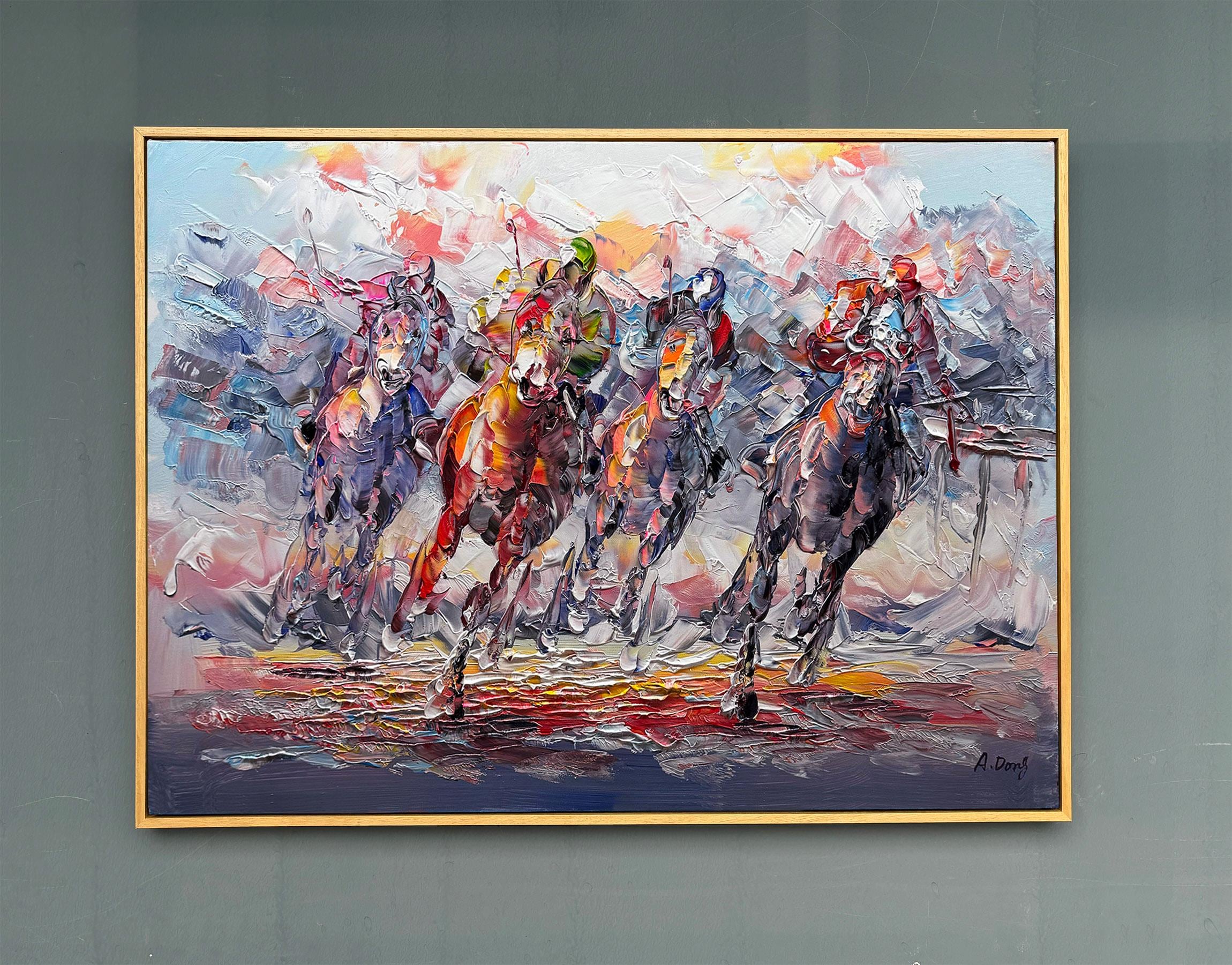 HORSE 油絵アート Framed Hand-painted Horse Racing Painting, Palette Knife