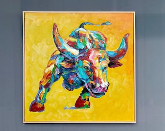 Framed Hand-Painted Bull Painting – Original Palette Knife Impasto Art 28x28 inches