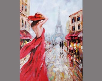 パリの女性 キャンバスに描かれた絵画 エッフェル塔 額入りアート作品