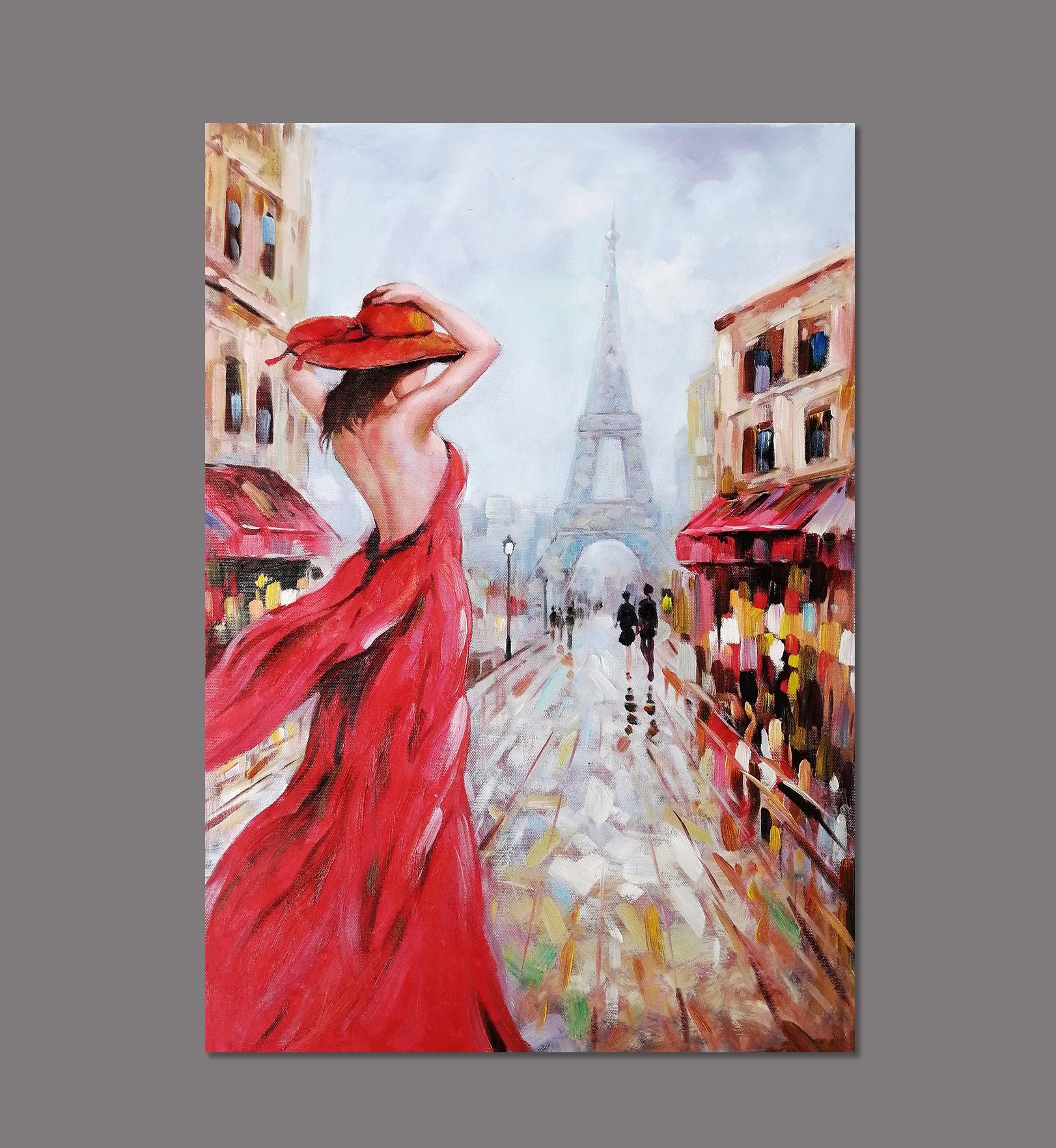 エッフェル塔の赤いドレスの女、手作りのパリ印象派油絵、パリの女性