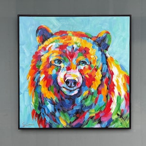 Framed Original Handmade Bear Painting 28x28&quot; - Modern Impressionist Colorful Wildlife Animal Wall Art Home Decor,Ready to Hang