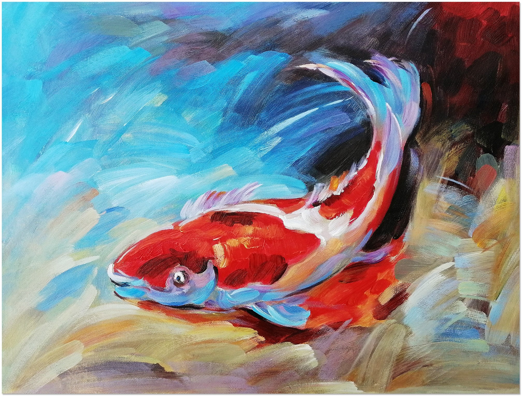 キャンバスに手描きされた印象派の鯉の絵 - 海洋アート 証明書