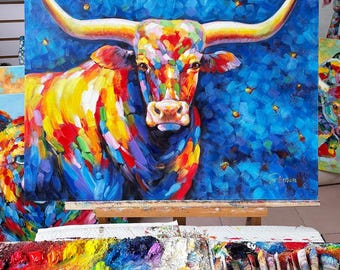 手描きのテキサスロングホーンの油絵、カラフルな西部風キャンバス