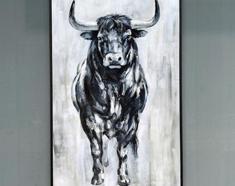 Hand-Painted Bull Oil Painting – Modern Impressionist Black and White Wall Art