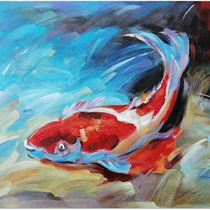 Handmade Impressionist Koi Fish Painting On Canvas -  Nautical Art Home Decor, Textured Artwork Wall Art