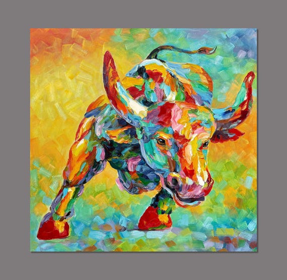 手描きの雄牛の油絵 – パレットナイフで質感のある厚塗りの動物画
