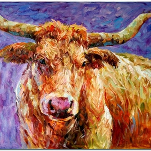 Handgemaakt modern impressionistisch Texas Longhorn-olieverfschilderij op canvas - dierenmuurkunst CERTIFICAAT INBEGREPEN