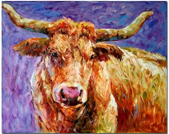 Handmade Modern Impressionist Texas Longhorn Oil Painting On Canvas - Animal Wall Art CERTIFICATE INCLUDED