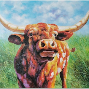 Handgemaakte impressionistische Texas Longhorn-schilderij op canvas - babykalf muurkunst, eigentijds dierenhuisdecoratie