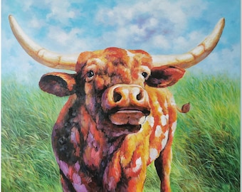 Handmade Impressionist Texas Longhorn Painting On Canvas - Baby Calf Wall Art, Contemporary Animal Home Decor