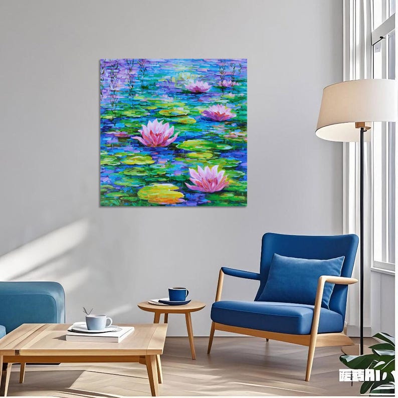 Hand-Painted Water Lilies Oil Painting – Impressionist Pond Landscape Art image 7