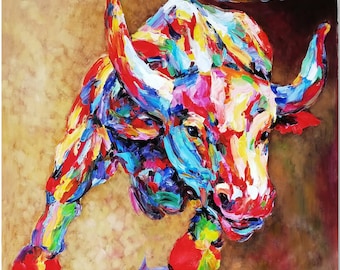 Original Hand Painted Modern Impressionist Bull Oil Painting On Canvas - Multi-colored Animal Wall Art CERTIFICATE INCLUDED
