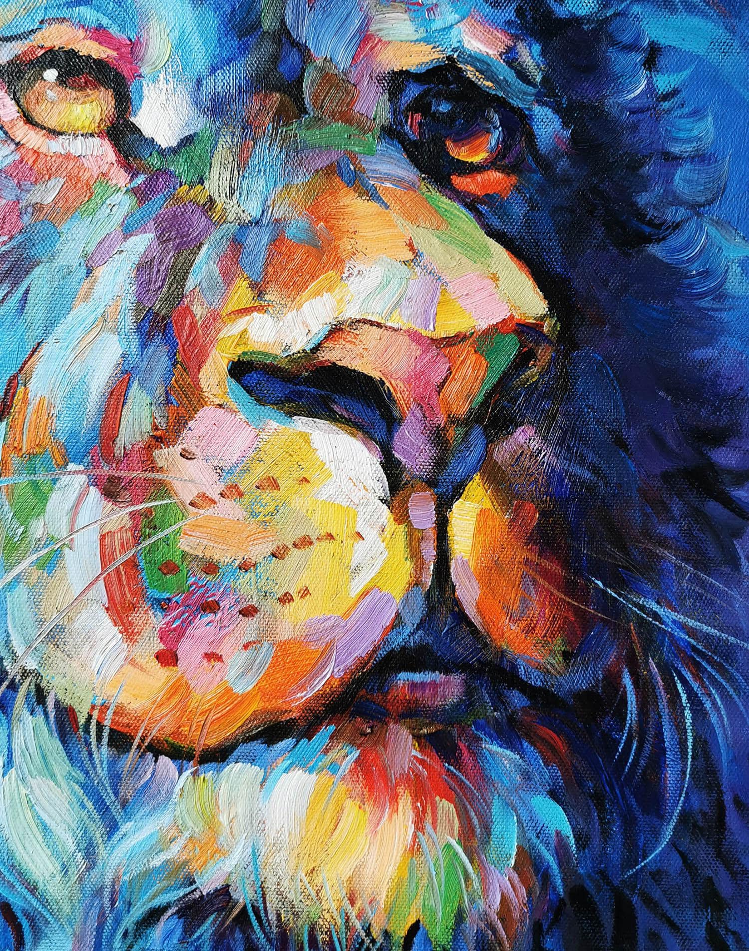 オリジナル手描きライオン油絵 – 質感のある印象派風動物キャンバス