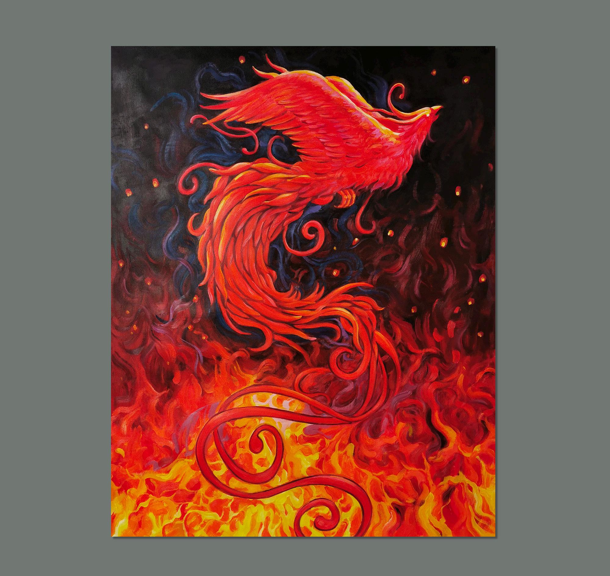 オリジナルのハンドメイドフェニックス絵画、神話の火の鳥の抽象画