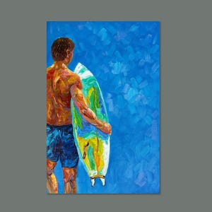 Dipinto originale di surfista fatto a mano - Arte del surf con spatola testurizzata, decorazione per case sulla spiaggia, dipinto di sportivo impressionista moderno