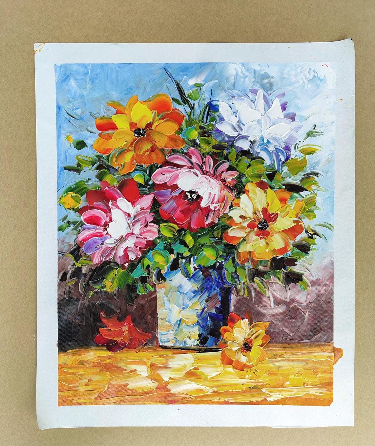 カラフルな花瓶 - ハンドメイドパレットナイフフラワー油絵