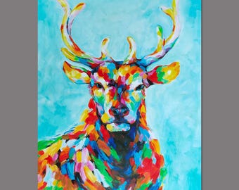 Handmade Impressionist Colorful Deer Oil Painting On Canvas, Modern Original Textured Impasto Animal Home Decor, Nursery Wall Art