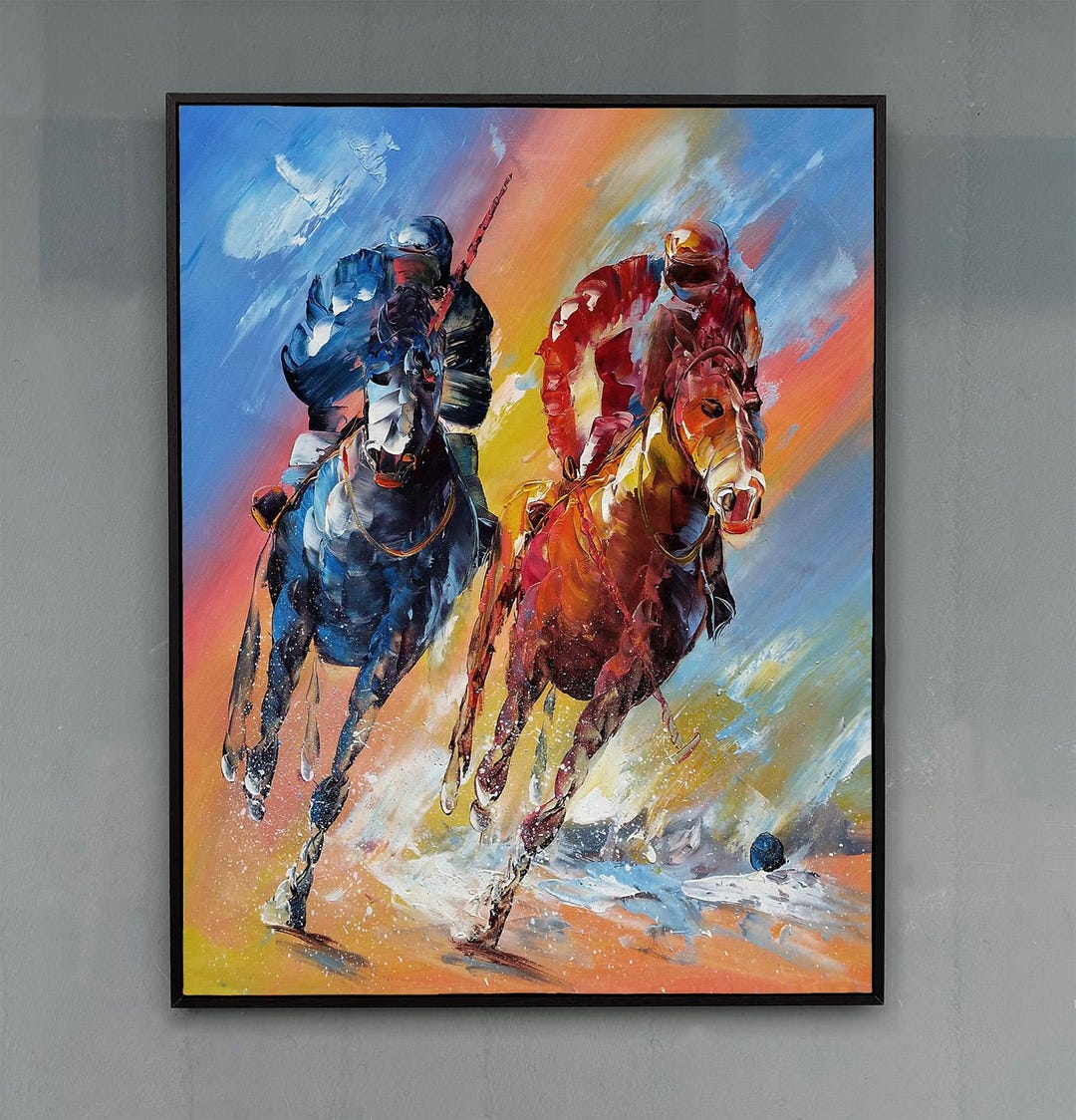 手描きのポロ絵画、テクスチャーのあるパレットナイフを使った競馬
