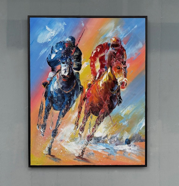 手描きのポロ絵画、テクスチャーのあるパレットナイフを使った競馬