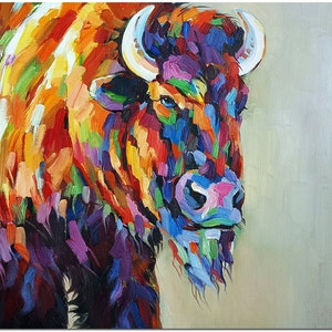 Original Handmade Impressionist American Bison Painting On Canvas - Multi-Colored Cattle Buffalo Fine Art